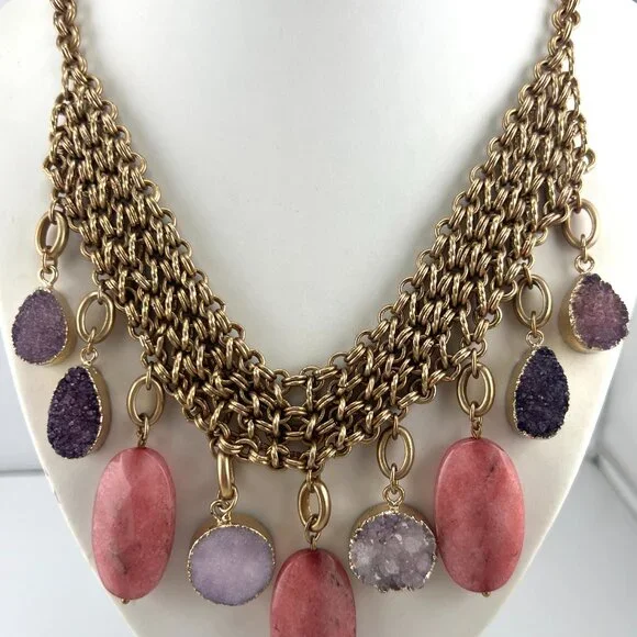 Amazing Chico's bib style necklace, gold tone, Drusy Quartz, Agate dangles - Picture 5 of 9